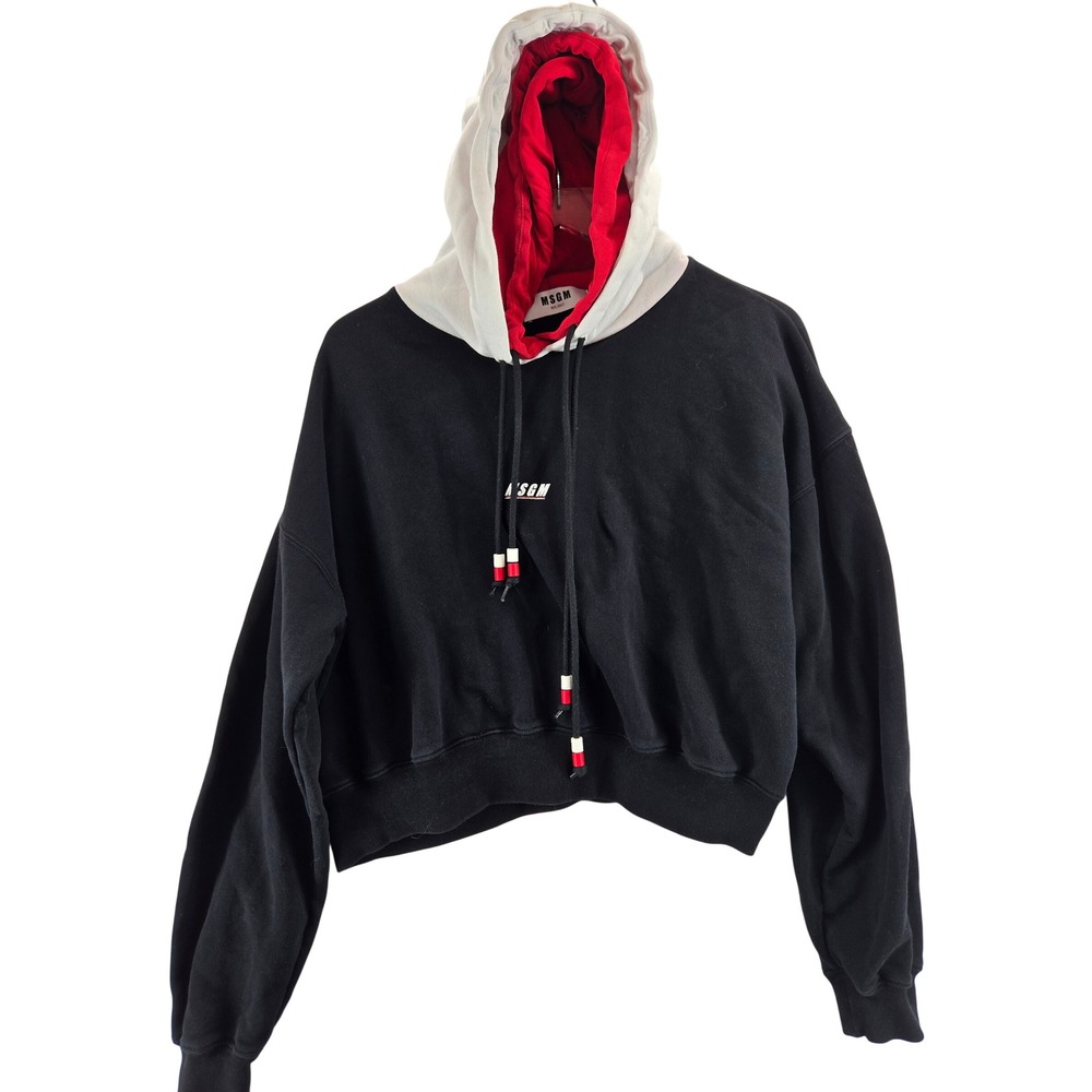 MSGM Milano Womens Cropped Hoodie Colorblock Black Red White Cotton Italy